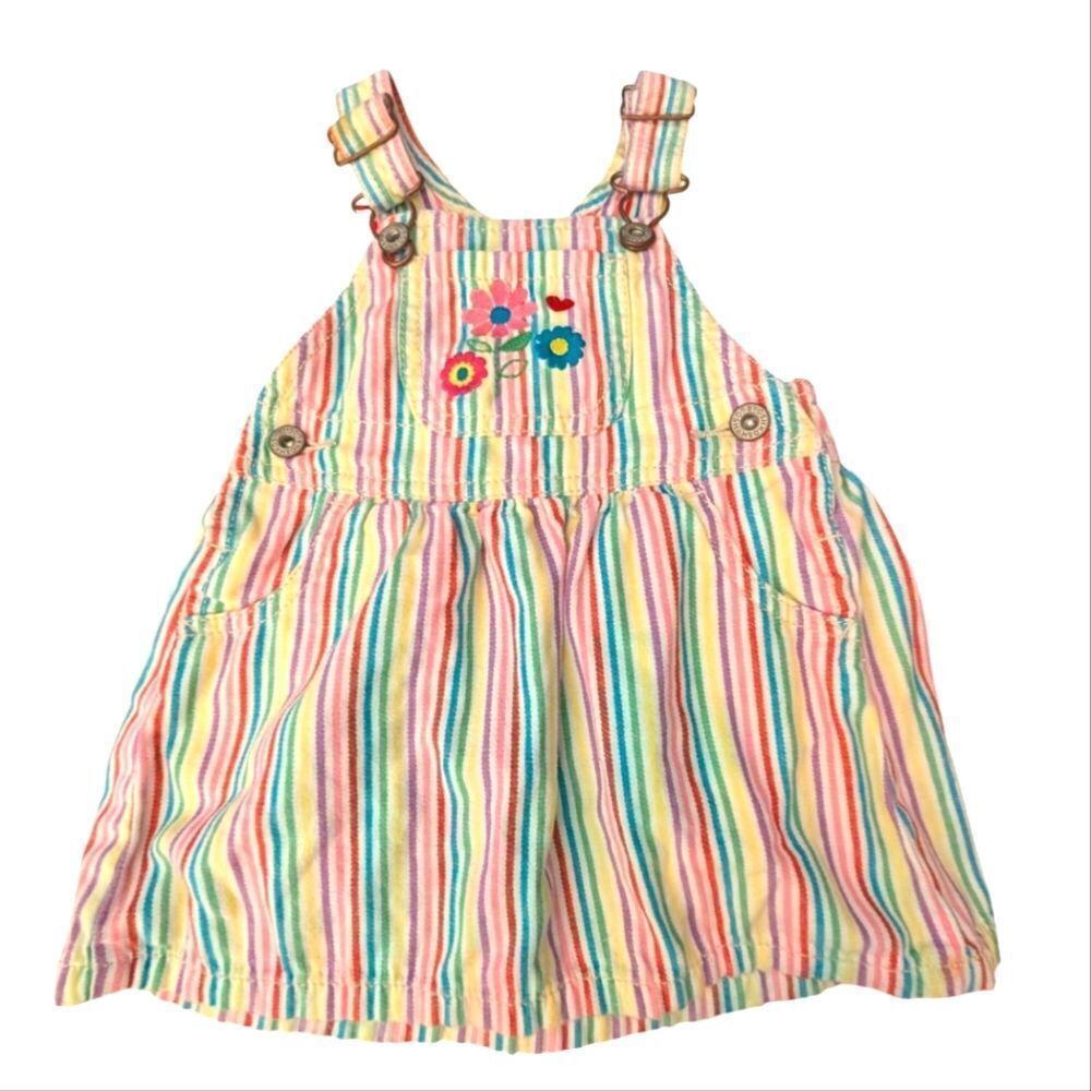 Oshkosh B'gosh Y2K Rainbow Striped Floral Embroidered Overall Dress Size 18 mos